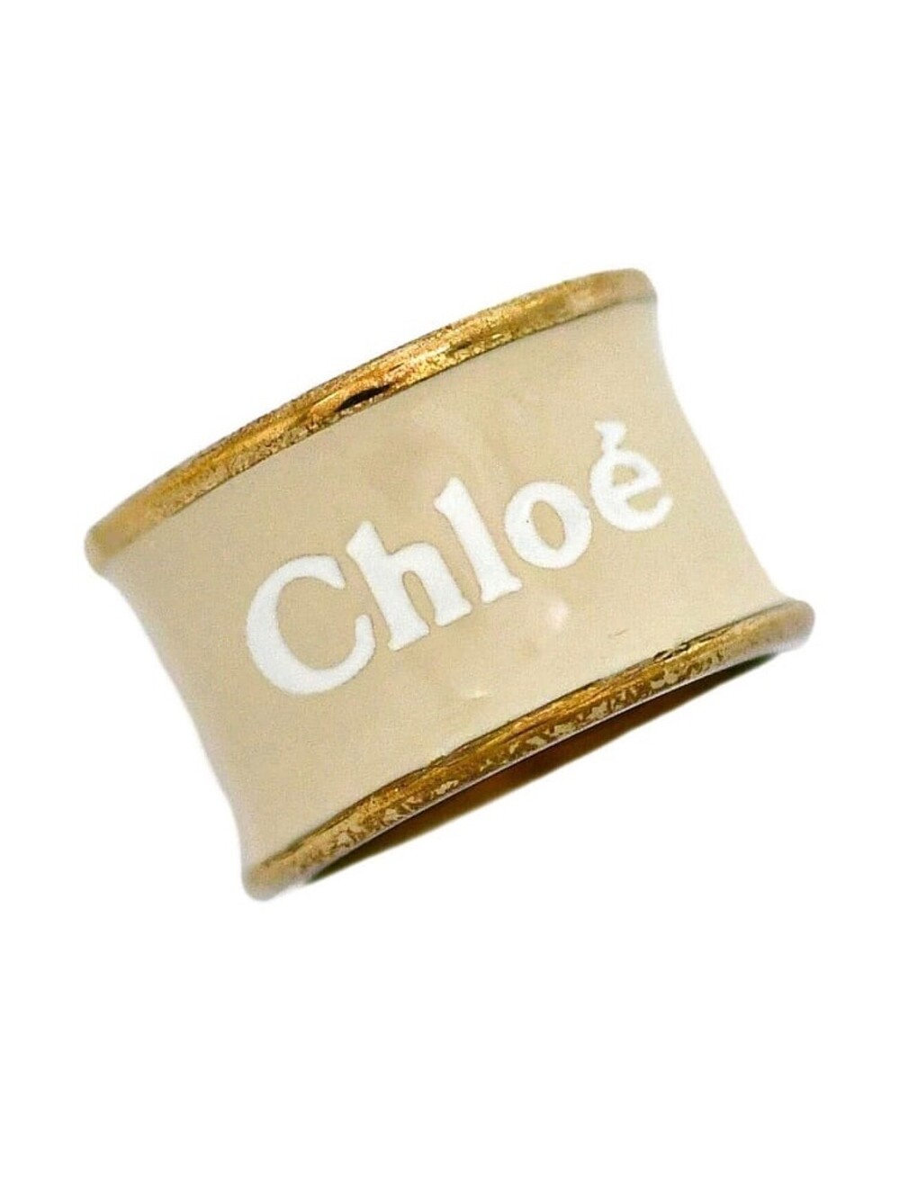 Authentic Rare Chloe Beige Enamel Band Ring with Logo & Gold Tone Metal